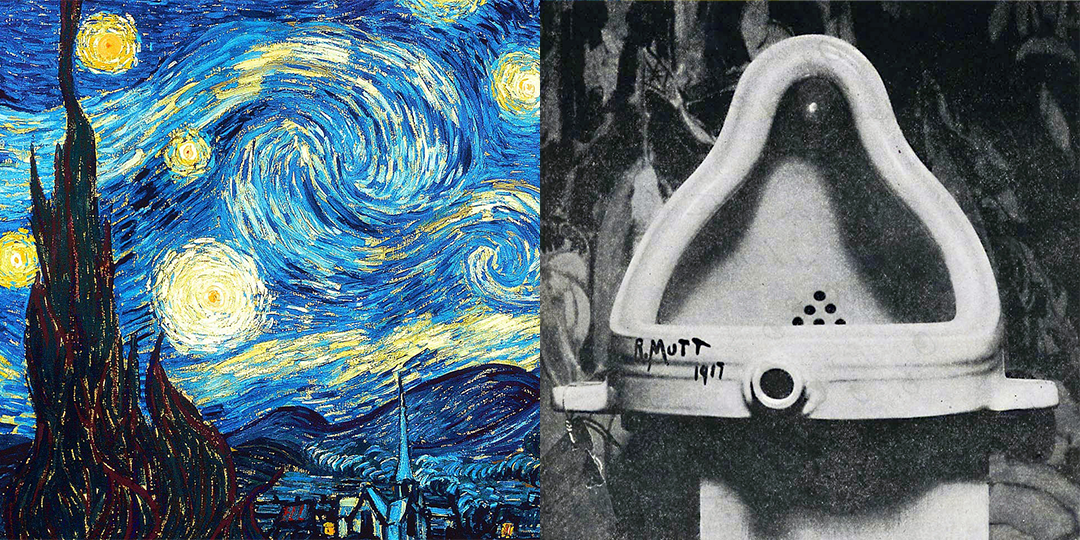 'Starry Night' by Van Gogh, and 'Fountain' attributed to Marcel Duchamp