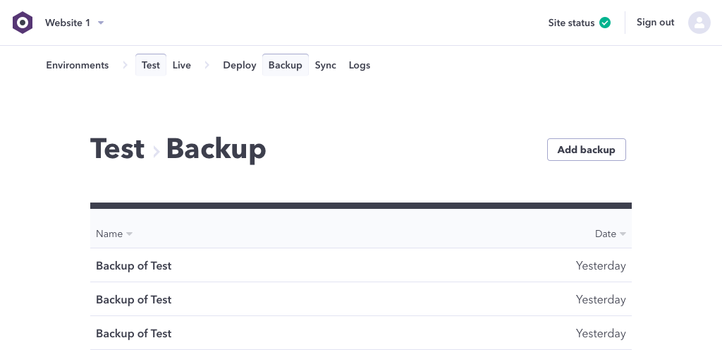 screenshot of Backups listing